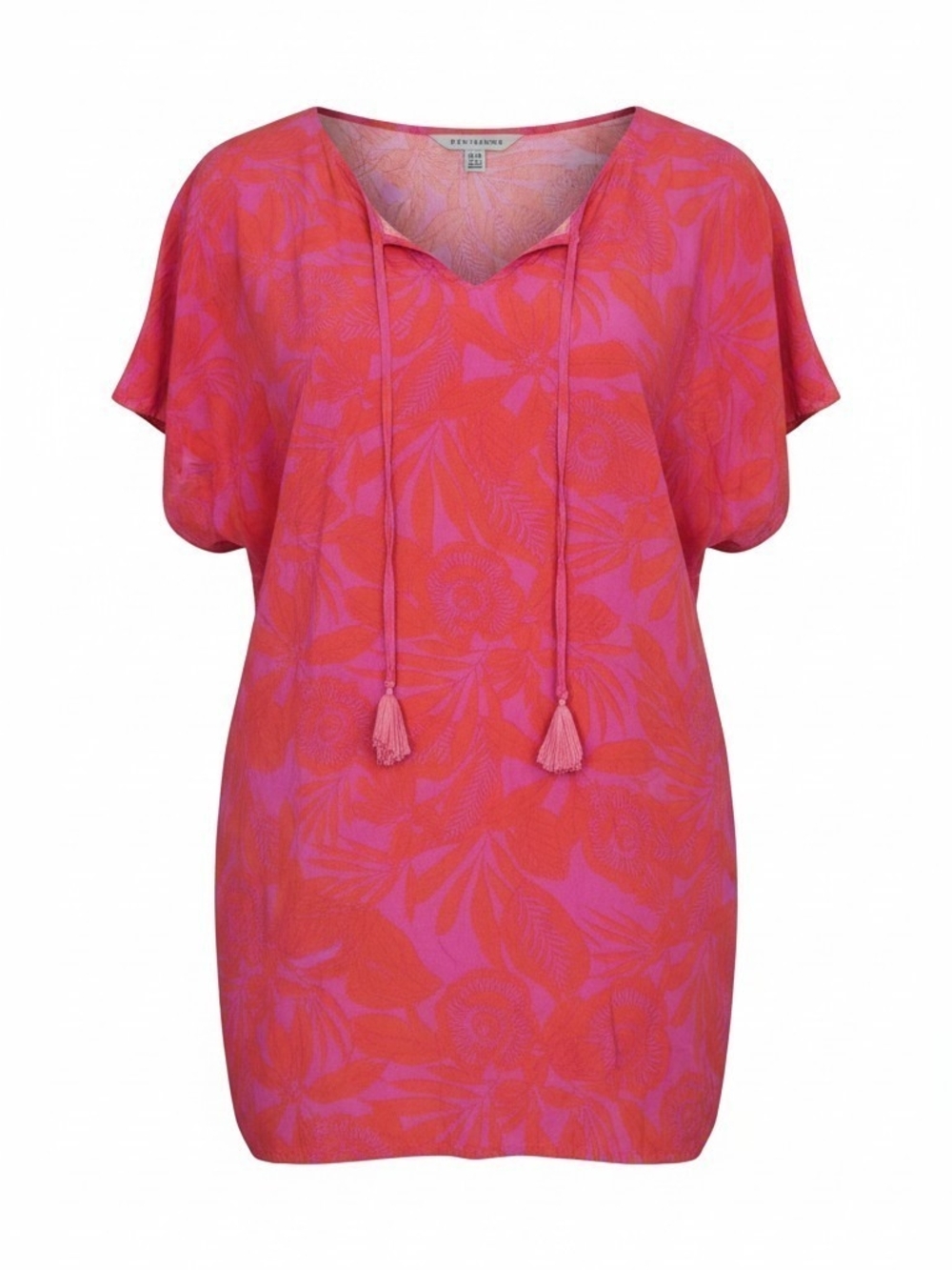 Women's Pink-Red Floral Knit Tunic Dress with Tassel Tie